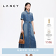LANCY【純棉】LANCY/朗姿2026年夏季新款時尚收腰襯衫領短袖牛仔連衣裙 暮色藏藍色 S