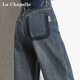 拉夏貝爾（La Chapelle）牛仔褲女士夏季高腰窄版闊腿寬松直筒百搭褲子 水泥灰常規 L