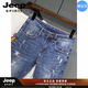 JEEP SPIRIT高端破洞牛仔褲男九分夏季新款韓版潮流修身小腳褲時尚刺繡藍色長 淺藍色九分褲 27 適合80-90斤左右