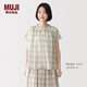 MUJI 女式 強捻 法國袖罩衫女士襯衫T恤女裝女款純棉短袖上衣 象牙色格紋 M (160/84A)