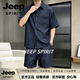 JEEP SPIRIT吉普2026夏季新款老錢風牛仔短袖套裝男士潮流休閑運動寬松兩件套 藏藍色 兩件套 S 90-110 斤