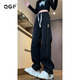 QGF 松緊腰牛仔褲女春秋夏季新款美式復古直筒寬松顯瘦高腰闊腿褲子 黑色 【高品質】 M [建議90-100斤]