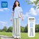 真維斯（Jeanswest）速干運動套裝女夏2026新款防曬短袖t恤長褲兩件裝學生穿搭一整套 上衣 天藍 漸層藍條_K+褲子 灰綠 漸層藍條_K S