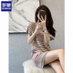 羅蒙（ROMON）法式小香風連衣裙女夏季撞色冰絲針織裙圓領薄款直筒運動裙子 圖片色 S