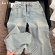 拉夏貝爾（La Chapelle）牛仔褲女士夏季窄版寬松直筒闊腿滿天星燙鉆褲子 藍色 L