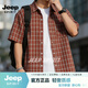 JEEP SPIRIT美式復古格子短袖襯衫男2026夏季潮流寬松休閑半袖襯衣外套 紅色 XL