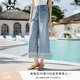 香影九分牛仔闊腿褲女2026夏季新款輕薄丹寧風高腰蕾絲卷邊直筒褲 牛仔藍 S 155/60A/85-95斤