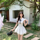 森上優集【少女序曲】學院風白色泡泡袖襯衫連衣裙女夏小個子短裙女仆裝 蕾絲花邊小白裙 【配領結】 L