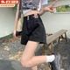 梵昇昱牛仔短褲女2026年夏季高腰薄款新款寬松顯瘦小個子a字闊腿熱褲 牛仔短褲【黑色雙扣】 S 推薦80-95斤