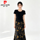皮爾卡丹（pierre cardin）黑色碎花包臀裙子套裝女夏季2026新款半身紗裙長裙薄紗復古新中式 黑色正肩短袖（大圓領）+復古碎花裙 【外層薄紗/有內襯】兩件套 L (165) 110斤-120