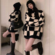 閃動(dòng)少女（SHANDONGSHAONV）黑白格毛衣女2021年新款棋盤(pán)格子外套女秋冬加厚針織衫慵懶風(fēng)寬松 方塊黑白格（優(yōu)質(zhì)版） 均碼 【80-130斤】