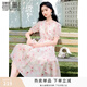 香影v領(lǐng)印花連衣裙女2026夏季新款絕美暈染木耳領(lǐng)泡泡袖雪紡裙子 粉紅 M