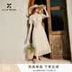 香影法式v領(lǐng)短袖收腰連衣裙女2026秋季新款設(shè)計感拼接氣質(zhì)中長裙 杏色 S 85-95斤/裙長115.5CM