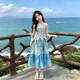 乖妮貓女童連衣裙夏季2026新款兒童波西米亞吊帶裙夏裝海邊度假沙灘裙子 藍色兩件套 160 碼
