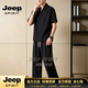 JEEP SPIRIT夏季中國風短袖套裝男士復古唐裝寬松茶服漢服休閑亞麻套裝 黑色套裝 M 建議【85-110斤】