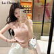 拉夏貝爾（La Chapelle）短袖T恤女士夏季修身純色打底衫短款V領(lǐng)針織正肩上衣 粉紅色 L