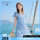 三彩2026夏季新款浪漫荷葉邊V領連衣裙碎花雪紡裙A字裙中長裙M 晴空藍花卉 M 160/84A
