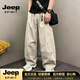 JEEP SPIRIT美式彎刀工裝褲男款春夏薄款闊腿寬松大碼男褲潮流日系休閑褲子夏 黑色 M 【建議90-115斤】