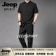 JEEP SPIRIT唐裝香云紗真絲男士夏季中國風套裝短袖長褲休閑漢服男裝古裝衣服 黑色 M