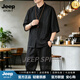 JEEP SPIRIT中國(guó)風(fēng)唐裝男復(fù)古短袖套裝漢服男古裝中式襯衫男裝爸爸裝 黑色 M 推薦90斤-115斤