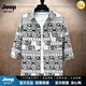 JEEP SPIRIT民族風印花襯衫男短袖2026新款寬松休閑袖花襯衣七分袖襯衫外套 黑色 XL 175/(適合130-145斤)