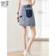 她享牛仔半身裙女高腰撞色刺繡A字裙設計感顯瘦包臀裙短裙T143B1339 復古藍 XL （建議115-125斤）
