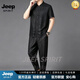 JEEP SPIRIT中國風唐裝香云紗套裝男士短袖襯衫套裝復古風男裝漢服 黑色 M 170【建議95到115斤】
