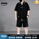 JEEP SPIRIT男士短袖t恤套裝寬松大碼休閑日常運動套裝男款胖子百搭短褲潮 黑色 M (90-120斤左右)82A
