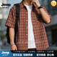 JEEP SPIRIT格子短袖襯衫男2026新款寬松百搭半袖襯衣外套男工裝襯衫 紅色 XL 175/(適合130-145斤)