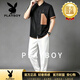 花花公子（PLAYBOY）中國風(fēng)男裝男士短袖襯衫唐裝上衣中式提花拼接半袖襯衣高端香云紗 黑色 M 90-115