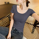 別語(yǔ)純色短袖t恤女春夏新款內搭低領(lǐng)露背修身體桖打底緊身上衣 煙灰色【雙U領(lǐng)】 L (100-110斤)