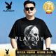 花花公子（PLAYBOY）特大碼男裝短袖t恤寬松加肥加大胖子潮牌印花半截袖打底衫 黑色 L 110-130