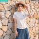 茵曼（INMAN）簡約抽褶收腰短袖T恤女2026夏季甜美減齡少女休閑繡花上衣米白色