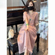 夏典素訂女王（SE.PSTP）新中式國風重工刺繡V領連衣裙棉麻女2026夏季寬松顯瘦氣質長裙子 淺紫色【清涼款】有口袋版 XL 115-130斤