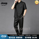 JEEP SPIRIT中國風唐裝真絲短袖T恤套裝男士寬松唐裝復古風男裝香云紗套裝 黑色 M 170【建議95到115斤】