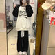 芭菲悅女孩衣服7-14歲套裝秋季款少女學(xué)生插肩長袖T恤休閑闊腿褲一整套 白插黑圓領(lǐng)+黑抽繩褲 【套裝】 S碼建議60-85斤