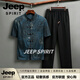 JEEP SPIRIT男士唐裝短袖襯衫套裝中國風爸爸裝夏裝老人爺爺裝老人衣服 深藍色 M 90-115斤