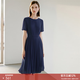 顏域（YANYEE）短袖百褶連衣裙2026夏天新款女裝氣質(zhì)女神范收腰顯瘦氣質(zhì)a字裙 深藍 S/36