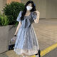 法式復古網(wǎng)紗拼接泡泡袖蝴蝶結連衣裙女學(xué)生夏季韓版過(guò)膝a字裙子別致漂亮超仙高級感夏裝仙女氣質(zhì)時(shí)尚 灰藍拼接裙【關(guān)注店鋪送小禮物】 S