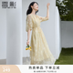香影通勤黃色連衣裙女2026秋新款簡單大方氣質泡泡袖印花中長裙 黃花 M 160/95-110斤/裙長112.5CM