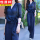 恒源祥亞麻套裝女2024夏裝新款時尚休閑洋氣減齡系帶襯衫闊腿褲兩件套潮 藏藍(lán)色 3XL【建議140-160斤】