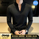JEEP SPIRIT潮牌輕奢長袖t恤男2026夏季新款修身V領純色緊身打底衫男裝體恤衫 黑色【奢級甄選】 S （適合75-95斤）