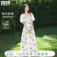 對白（DUIBAI）萊賽爾白色刺繡連衣裙女2026夏季新款高級感泡泡袖a字長裙子 白底淺藍繡花 M