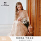 香影碎花v領連衣裙女2026秋季新款荷葉邊雪紡收腰法式浪漫印花裙 橘色 S 85-95斤/裙長113.0CM