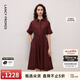 朗姿25棉質復古碎花收腰傘擺短袖連衣裙翻領長裙女2026年秋季新款 干玫瑰紅色 M
