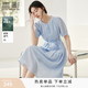 香影藍色天絲連衣裙女2026夏季新款萊賽爾收腰系帶圓領泡泡袖裙子 藍色 L 165/88A/110-125斤