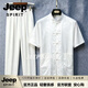 JEEP SPIRIT唐裝男中老年爸爸爺爺夏季中國風老人衣服短袖唐裝真絲唐裝 白色【雅奢甄選】 M 170