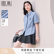 香影學院風藍色條紋襯衫女短袖2026夏裝新款寬松襯衣翻領慵懶上衣 藍色 L 165/88A/110-125斤