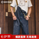 馬登工裝美式復古情侶甲板背帶褲水洗丹寧直筒闊腿牛仔褲休閑長褲男潮 牛仔藍 L