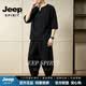 JEEP SPIRIT中國風套裝男士復古盤扣短袖T恤七分褲休閑運動亞麻輕薄套裝 黑色【臻奢工藝】 M